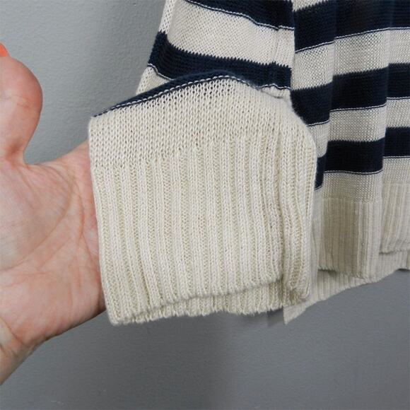 Joie Linen‎ Pullover Fisherman Sweater Size L Navy Blue Ivory Striped Knit - Picture 7 of 10
